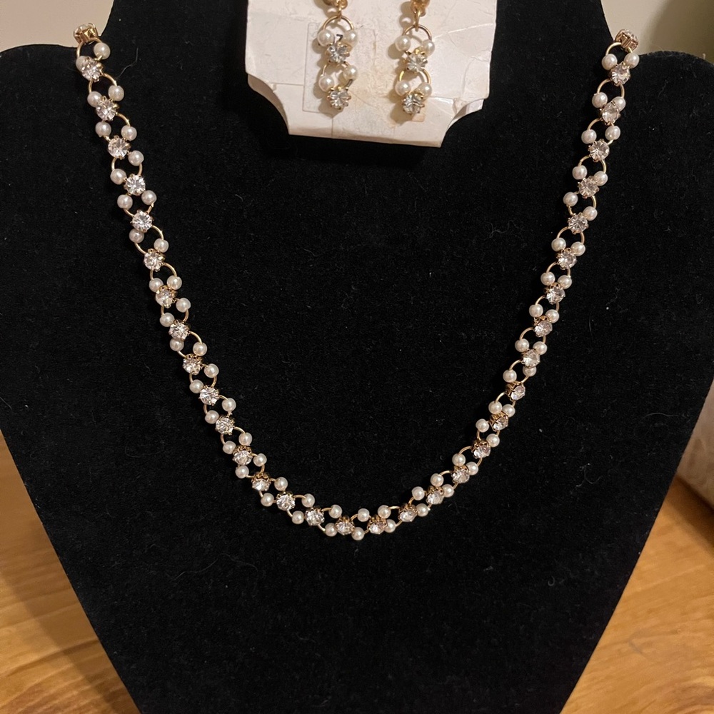 White stag necklace and earrings set - gold tone rhinestones and faux pearls